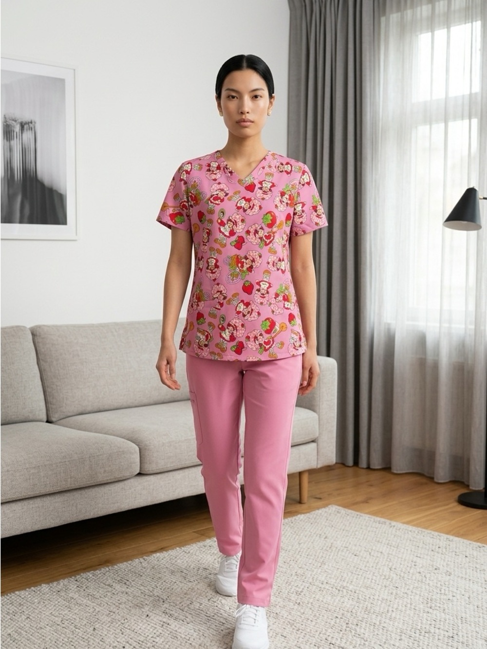 Strawberry Shortcake Women Small Pink Scrub Top Cartoon Print V-Neck Pockets EUC